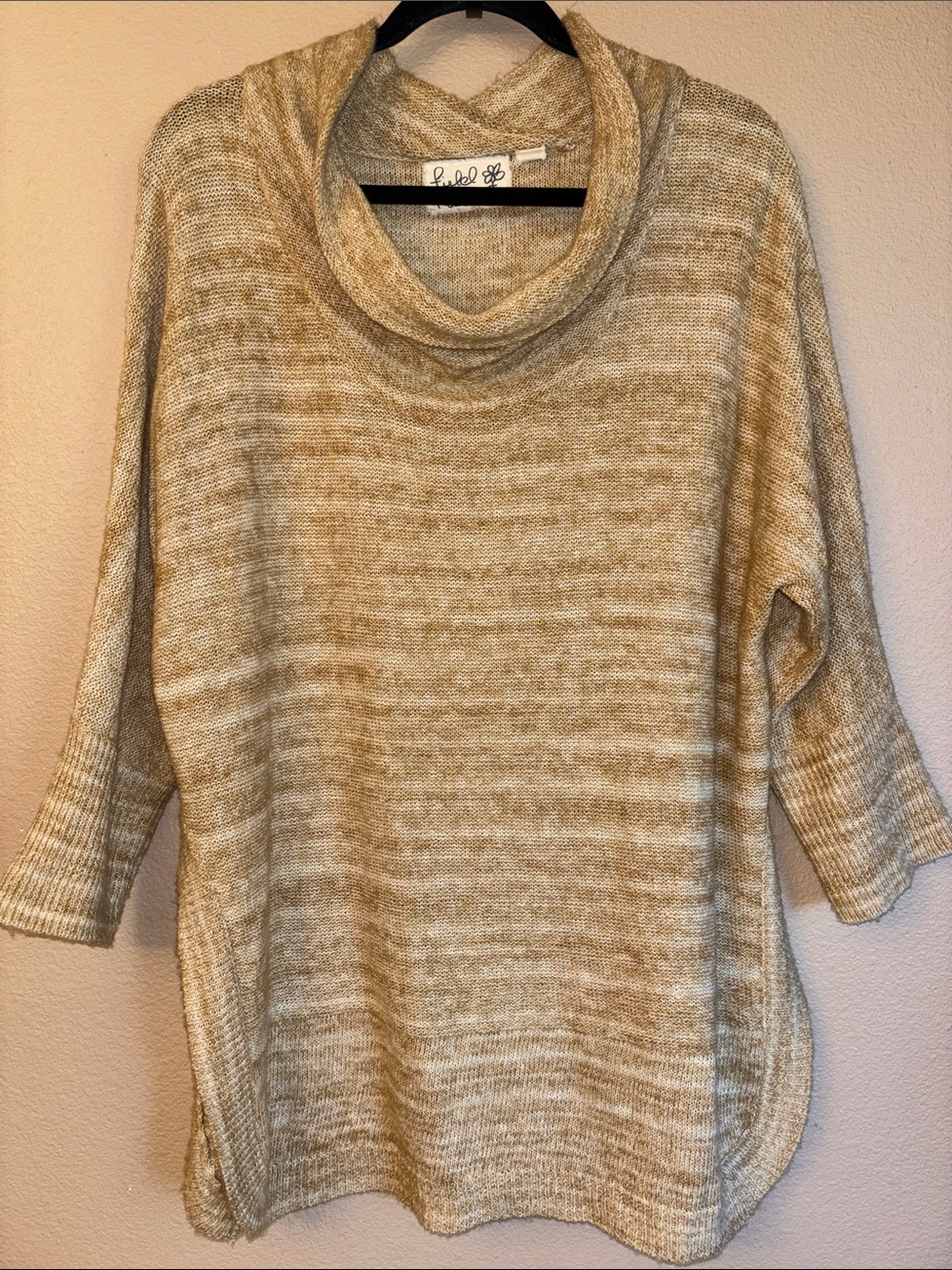 Anthropologie Field Flower M Beige Marled Cowl Neck Poncho 3/4 Sleeve Sweater